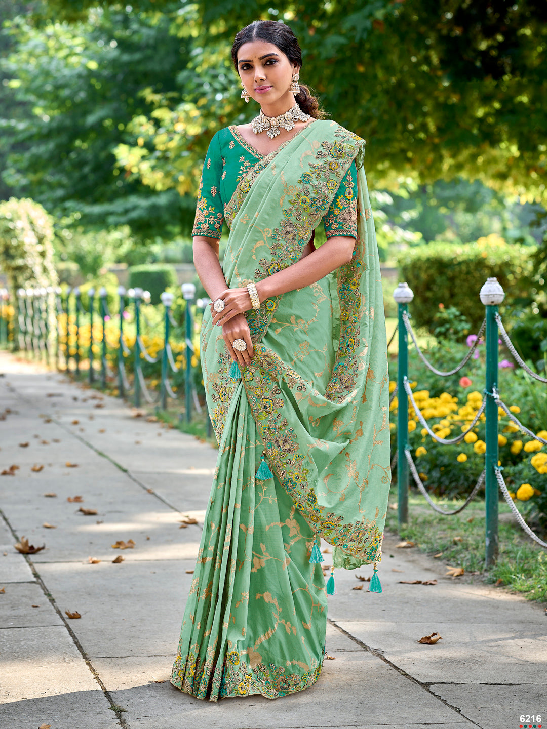 Pista Green Color Gadwal Silk Handwork Embroidered Saree