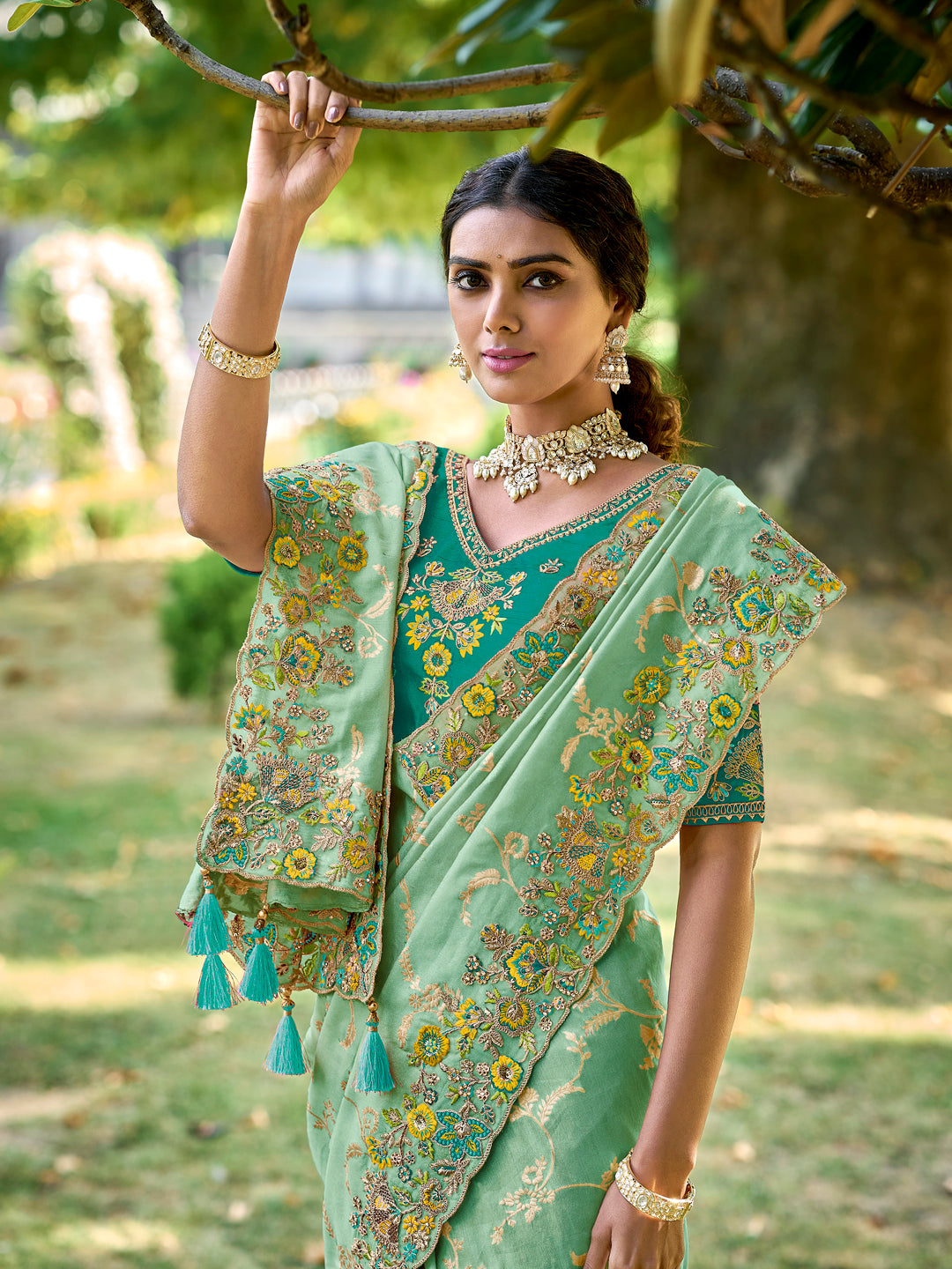 Pista Green Color Gadwal Silk Handwork Embroidered Saree