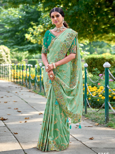 Pista Green Color Gadwal Silk Handwork Embroidered Saree