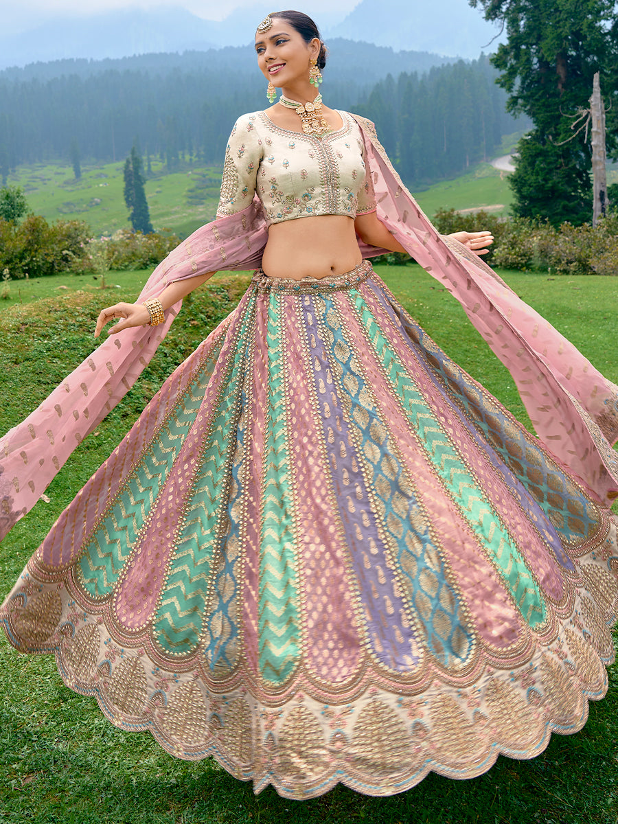 Multi-Color Organza Hand Work Embroidered Semi Stitched Lehenga Choli