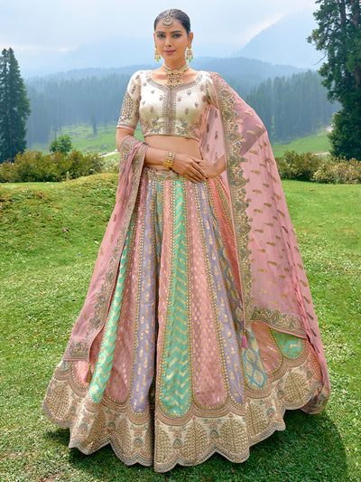 Multi-Color Organza Hand Work Embroidered Semi Stitched Lehenga Choli