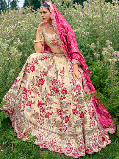 Off-White Pure Satin Silk Hand Work Embroidered Semi Stitched Lehenga Choli