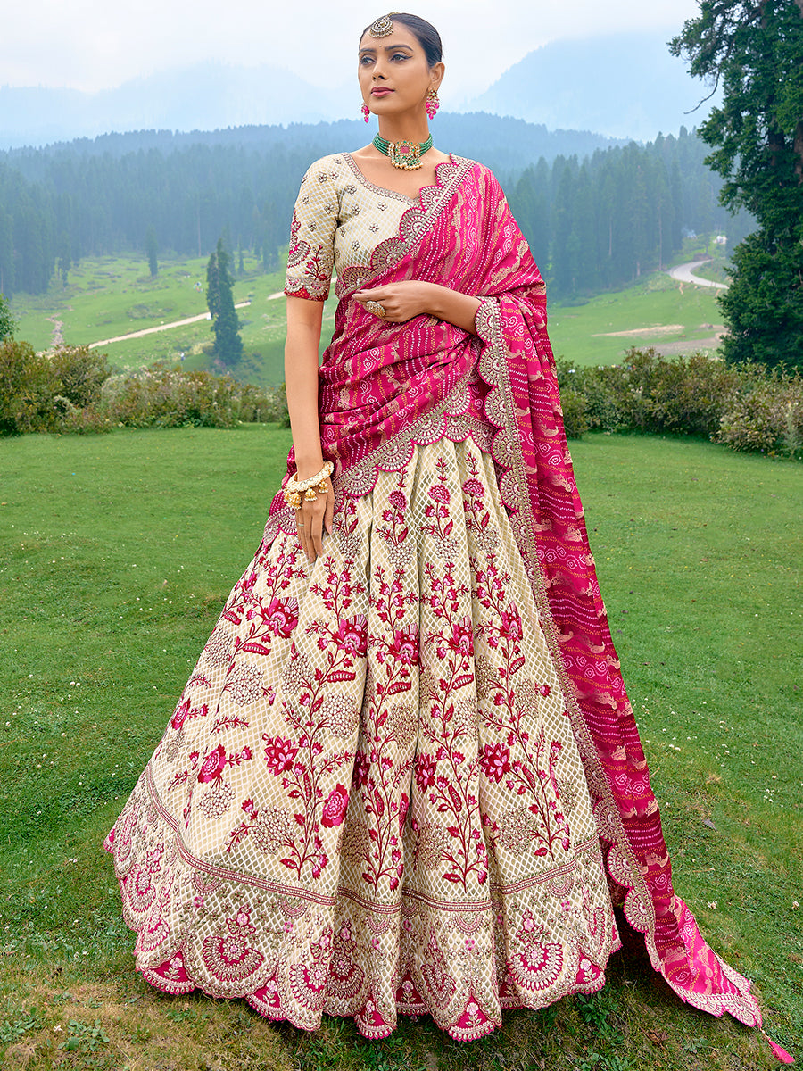 Off-White Pure Satin Silk Hand Work Embroidered Semi Stitched Lehenga Choli