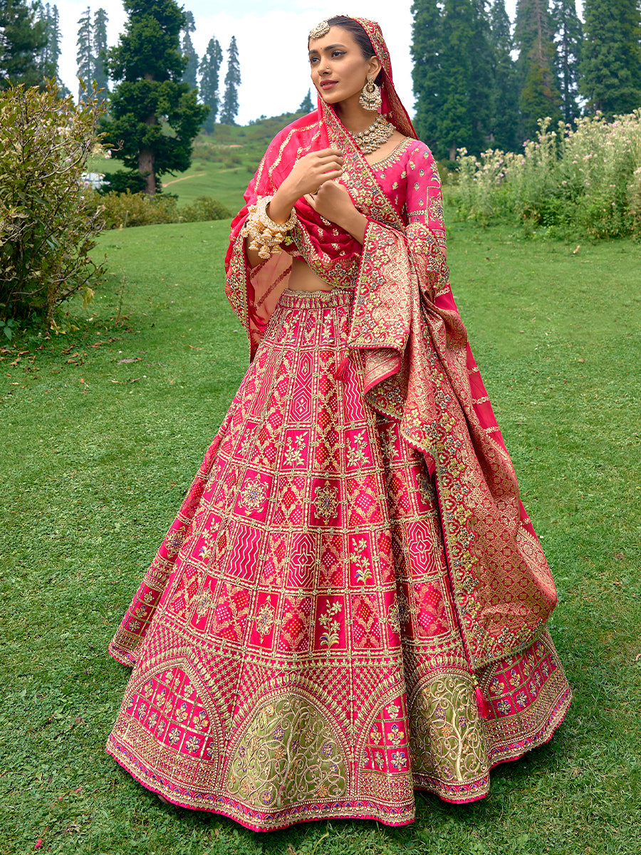 Pink Bandhej Satin Silk Hand Work Embroidered Semi Stitched Lehenga Choli