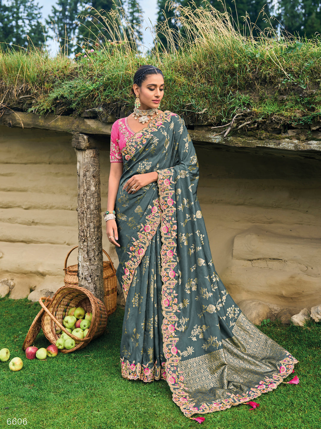 Grey Color Pure Dola Silk Patch Work Embroiderey Saree