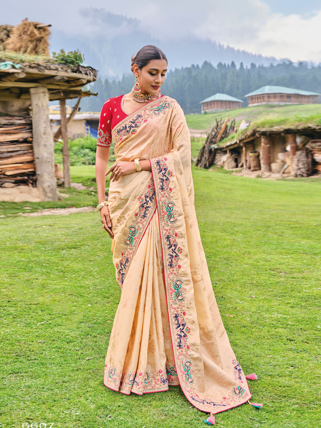 Off-White Color Pure Dola Silk Patch Work Embroiderey Saree