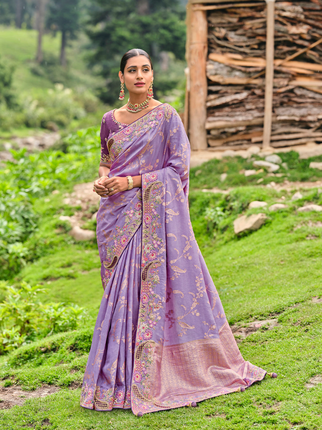 Lavender Color Pure Dola Silk Patch Work Embroiderey Saree