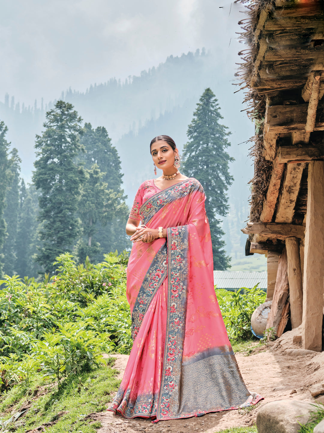 Pink-Grey Color Pure Dola Silk Gota Patti,Patch Work Embroiderey Saree