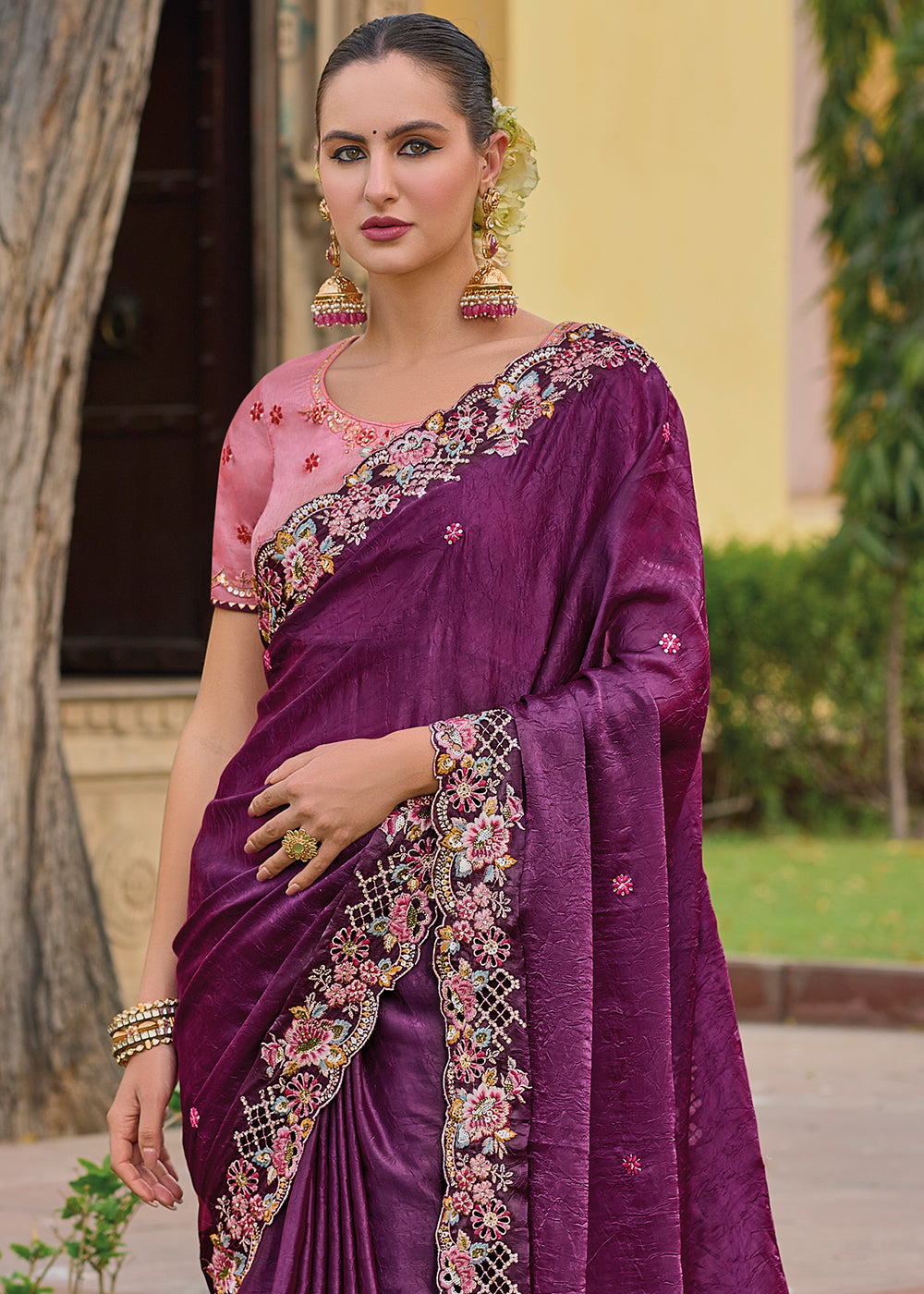 Purple Organza Silk Handwork Embroiderey Cut Work Border C-Pallu Saree