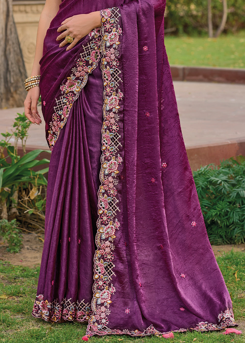 Purple Organza Silk Handwork Embroiderey Cut Work Border C-Pallu Saree