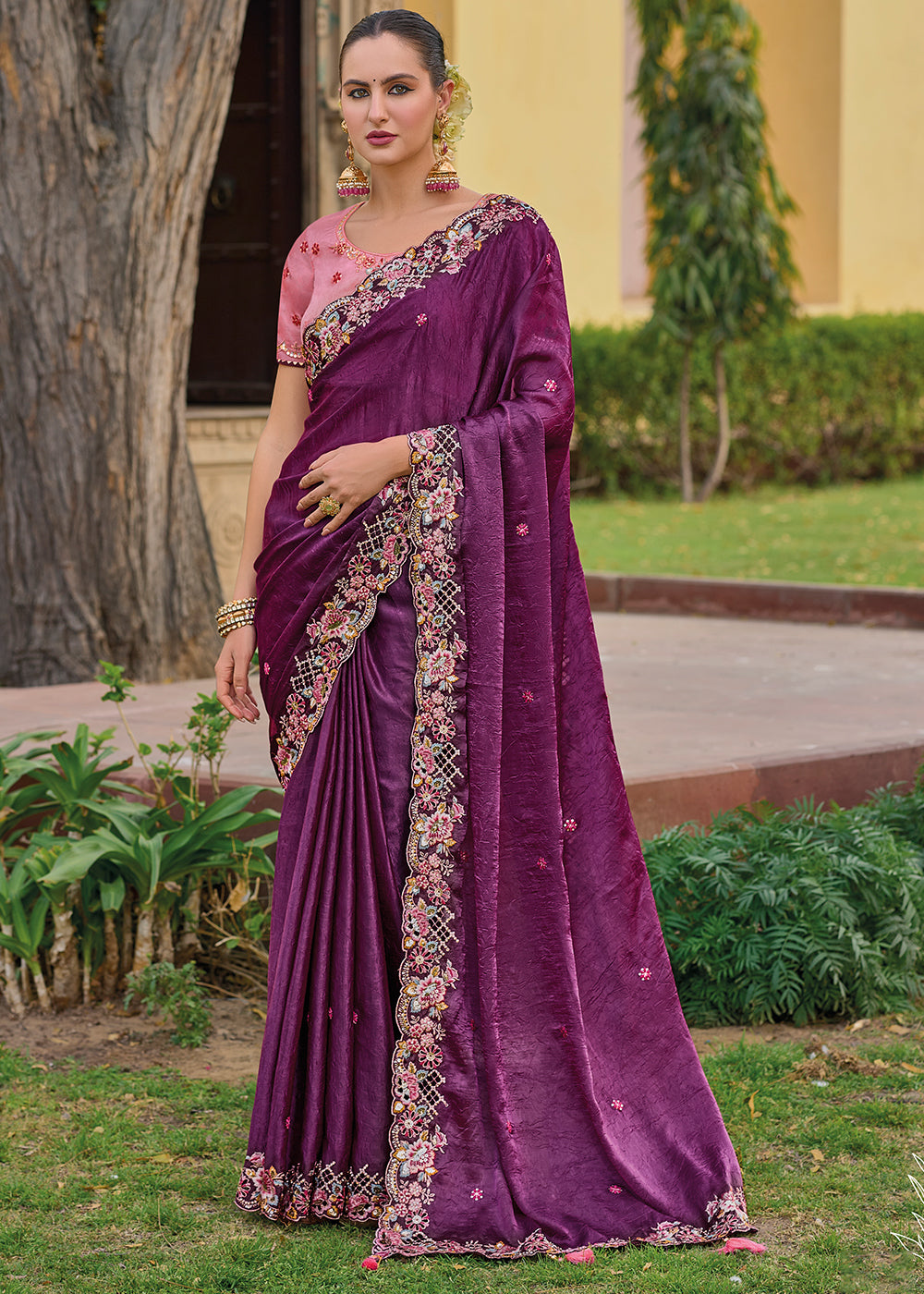 Purple Organza Silk Handwork Embroiderey Cut Work Border C-Pallu Saree