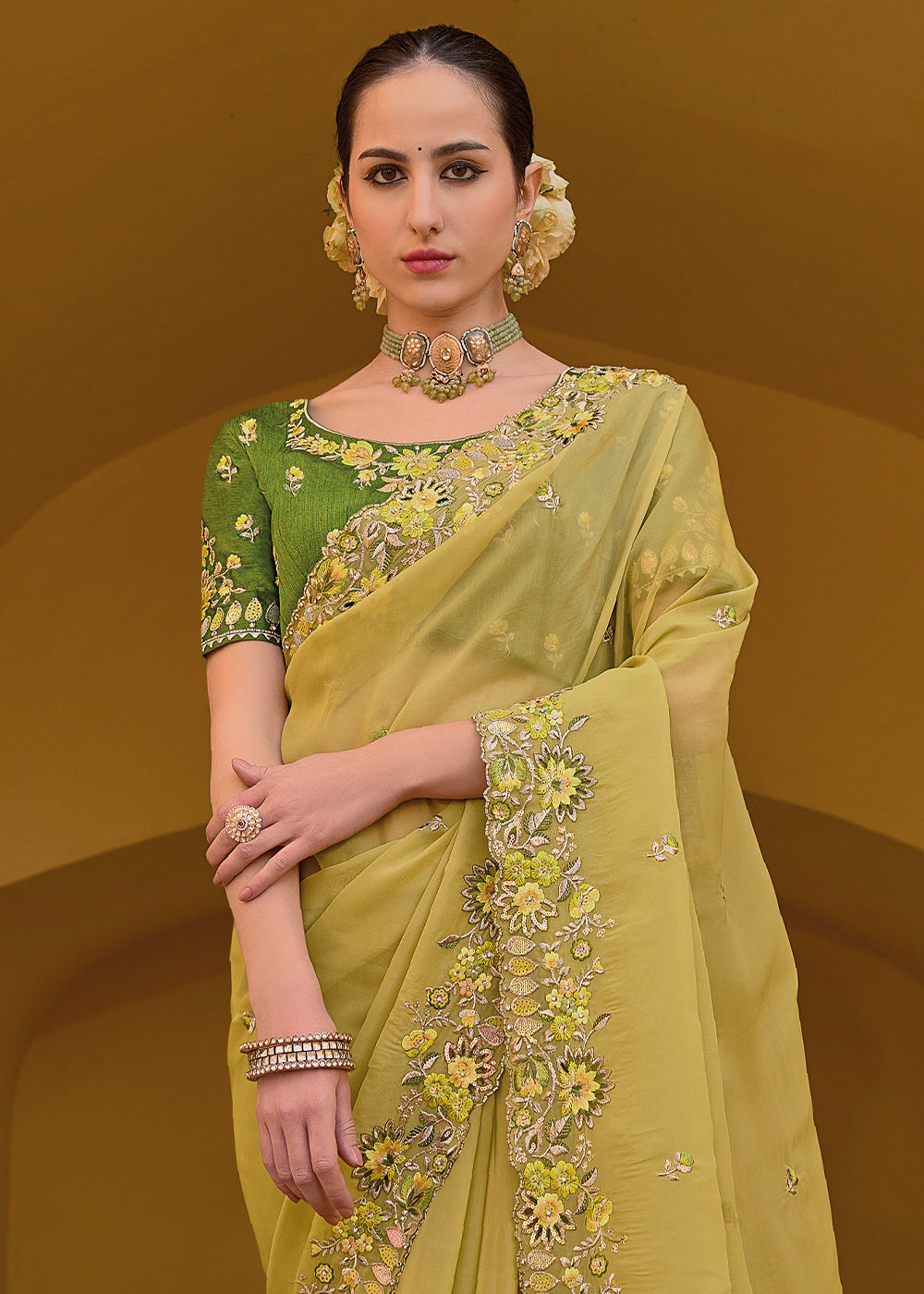 Yellow Organza Silk Handwork Embroiderey Cut Work Border C-Pallu Saree