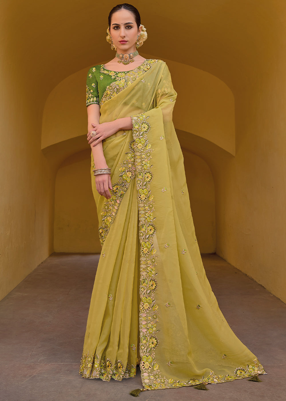 Yellow Organza Silk Handwork Embroiderey Cut Work Border C-Pallu Saree