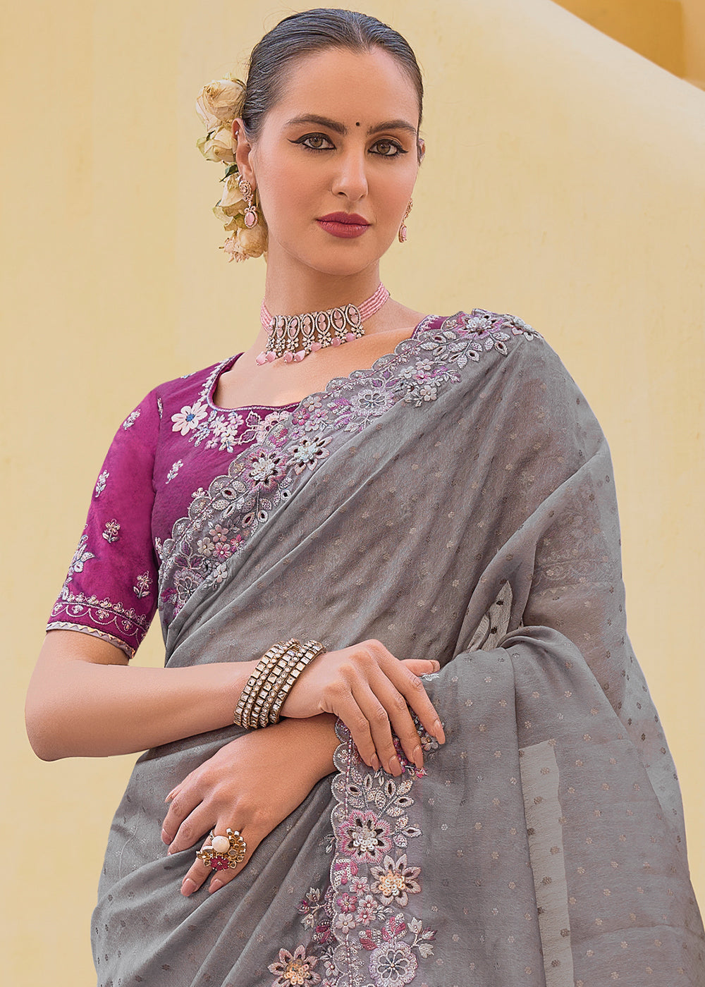 Grey Organza Silk Handwork Embroiderey Cut Work Border C-Pallu Saree