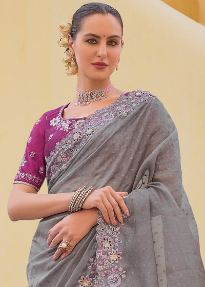 Grey Organza Silk Handwork Embroiderey Cut Work Border C-Pallu Saree