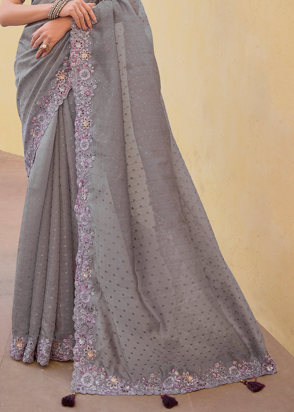 Grey Organza Silk Handwork Embroiderey Cut Work Border C-Pallu Saree