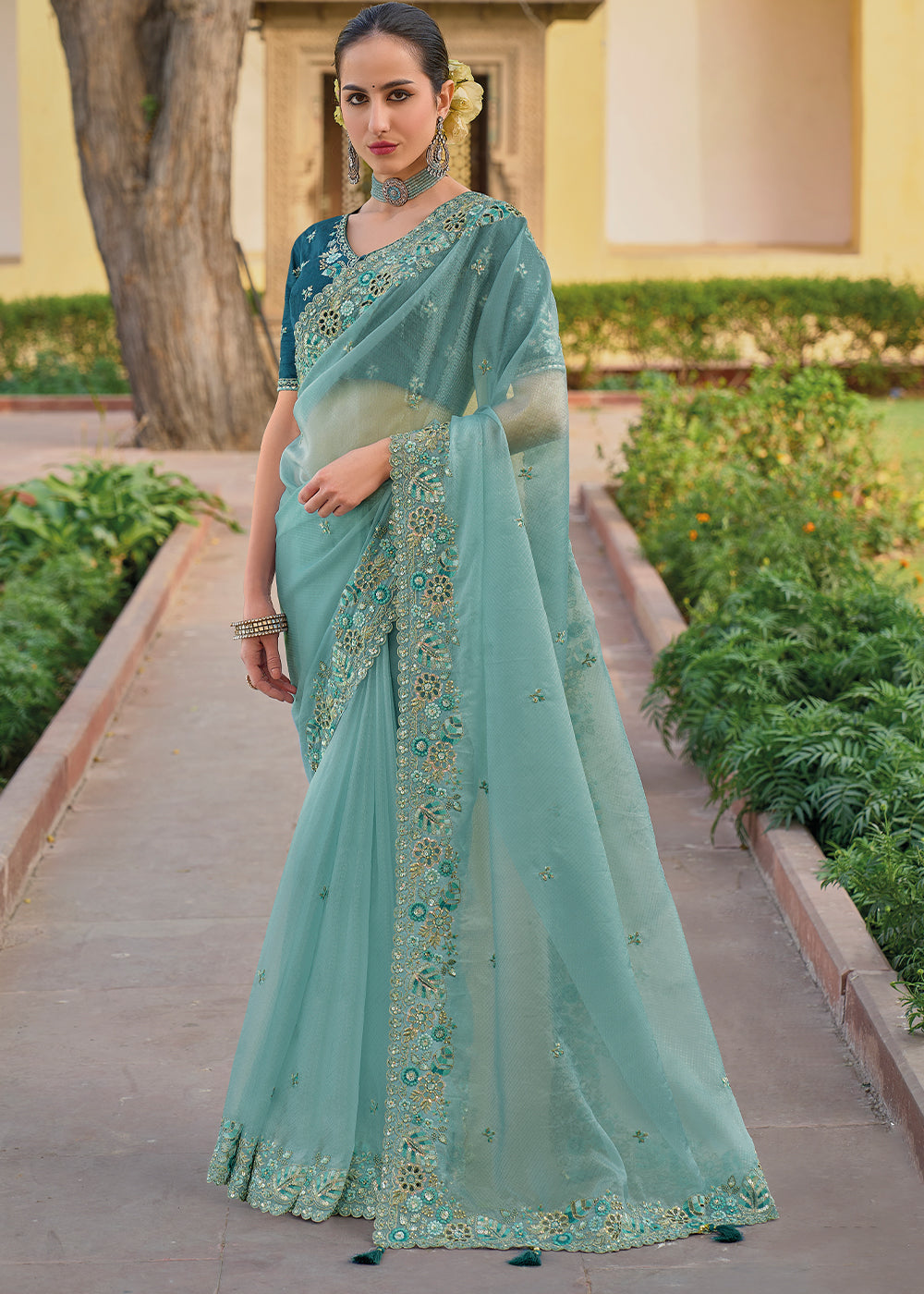 Turquoise Blue Organza Silk Handwork Embroiderey Cut Work Border C-Pallu Saree