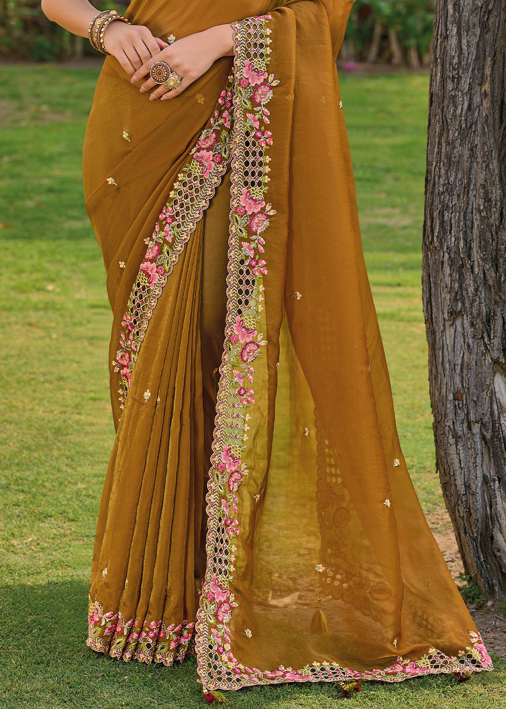 Mustard Organza Silk Handwork Embroiderey Cut Work Border C-Pallu Saree