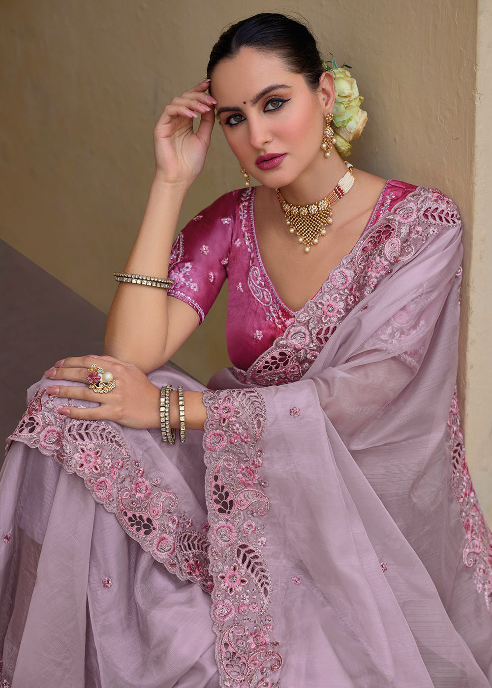 Light Pink Organza Silk Handwork Embroiderey Cut Work Border C-Pallu Saree