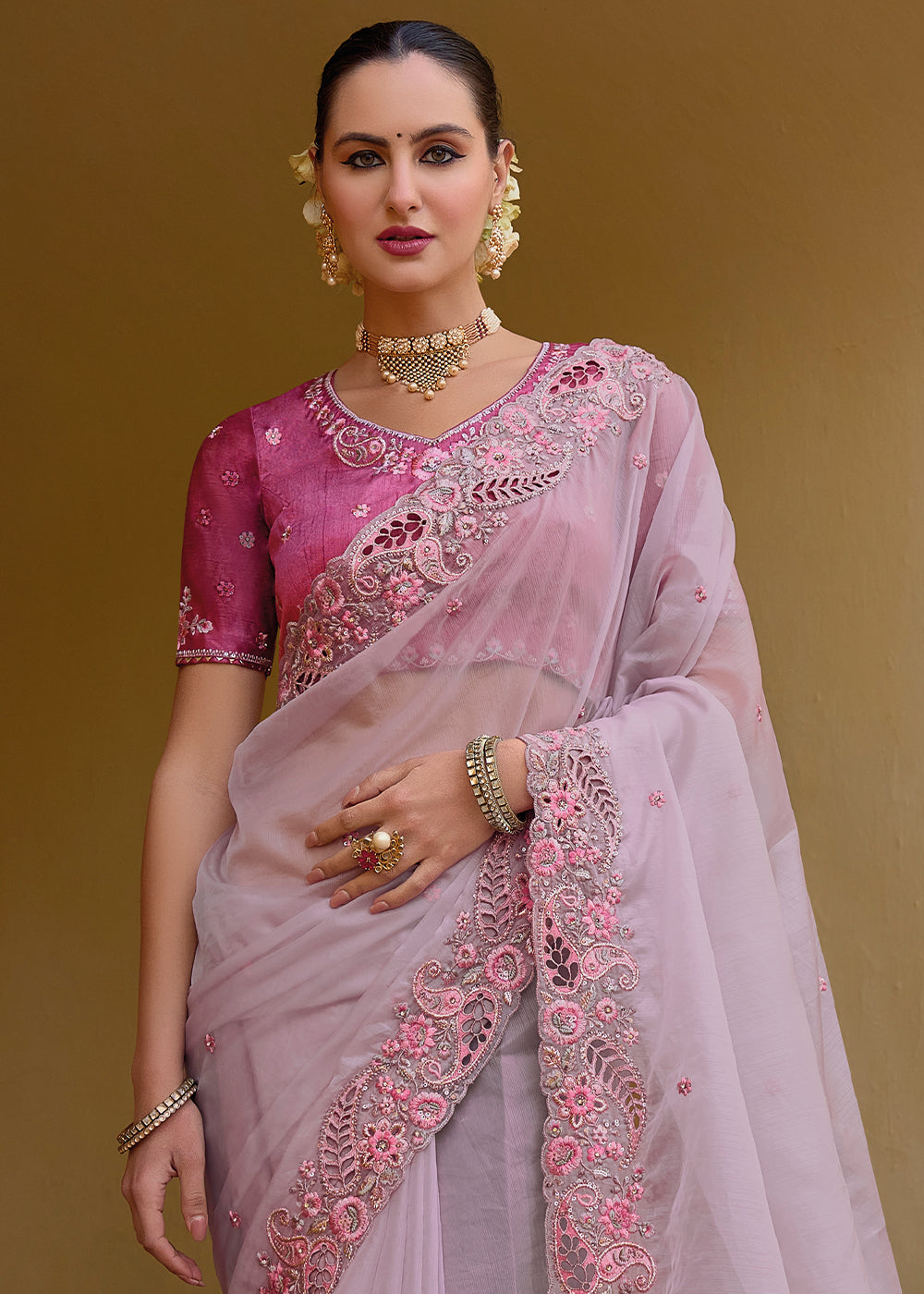 Light Pink Organza Silk Handwork Embroiderey Cut Work Border C-Pallu Saree