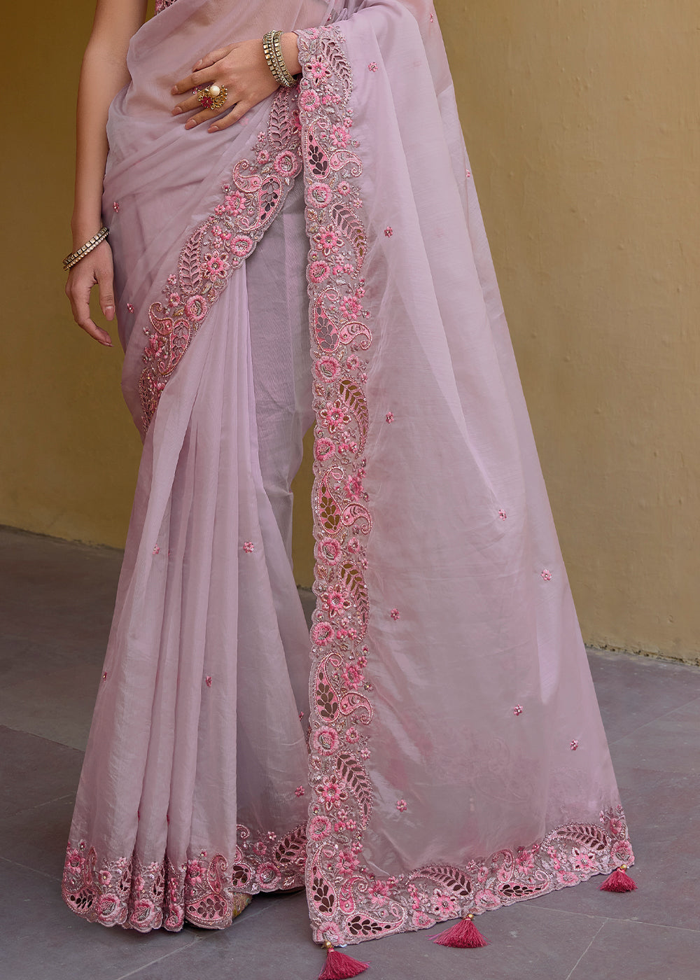 Light Pink Organza Silk Handwork Embroiderey Cut Work Border C-Pallu Saree