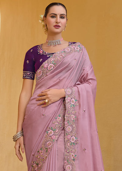 Light Pink Organza Silk Handwork Embroiderey Cut Work Border C-Pallu Saree