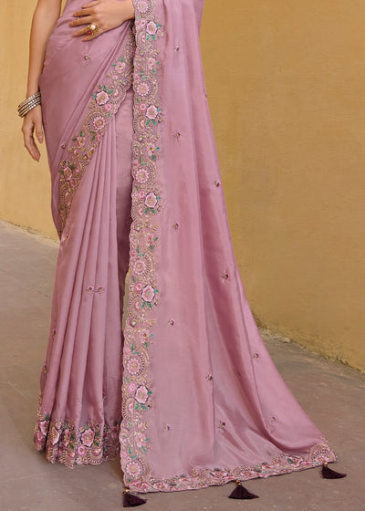 Light Pink Organza Silk Handwork Embroiderey Cut Work Border C-Pallu Saree