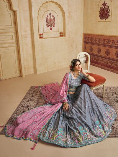 Grey Color Silk Fabric Sequins embroidery Semi-Stitched Lehenga choli & Dupatta houseofpanchhi