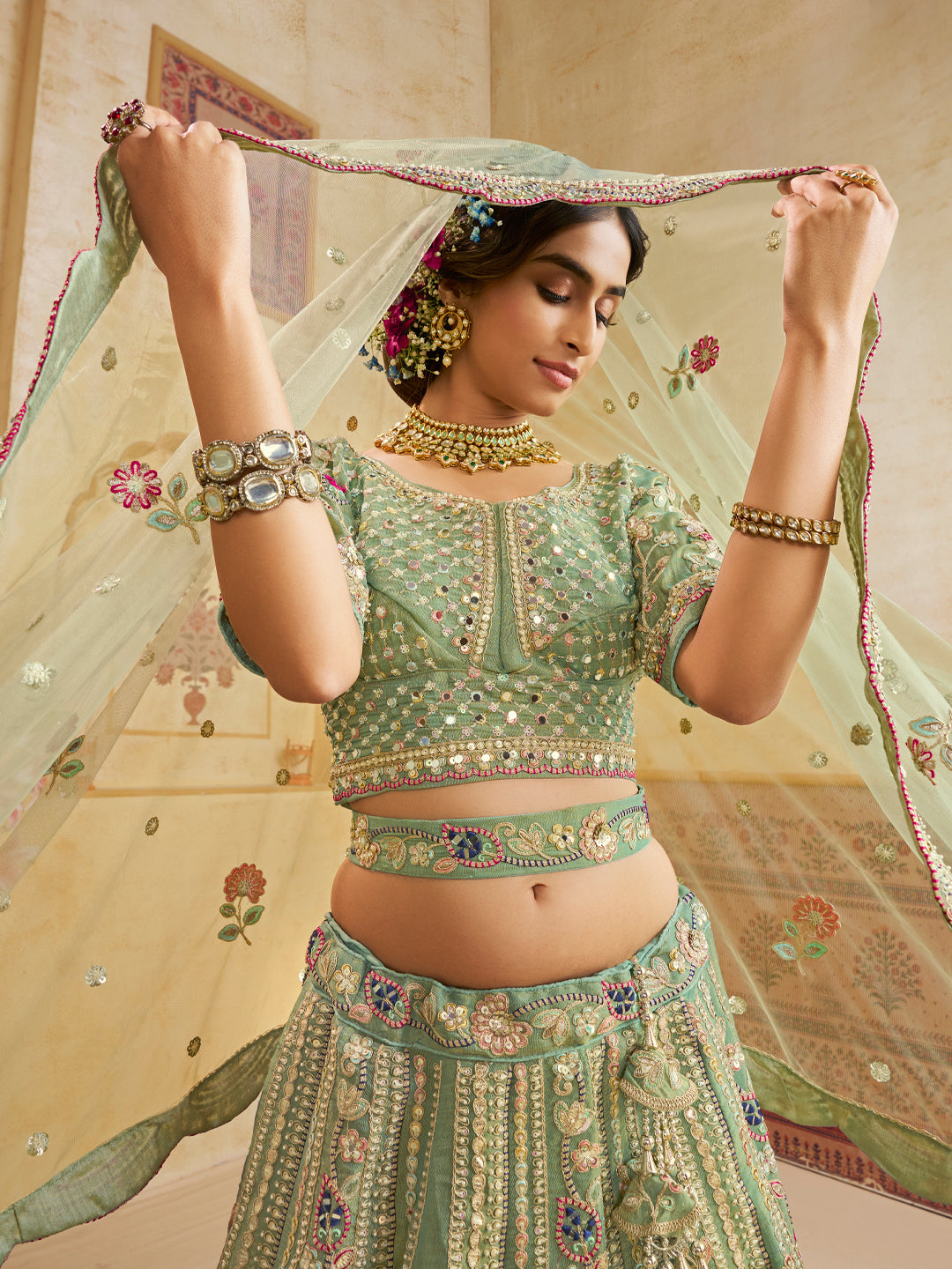 Rosegold Bridal Net Sequins, Moti, Mirror and thread embroidery Semi-Stitched Lehenga House of Panchhi