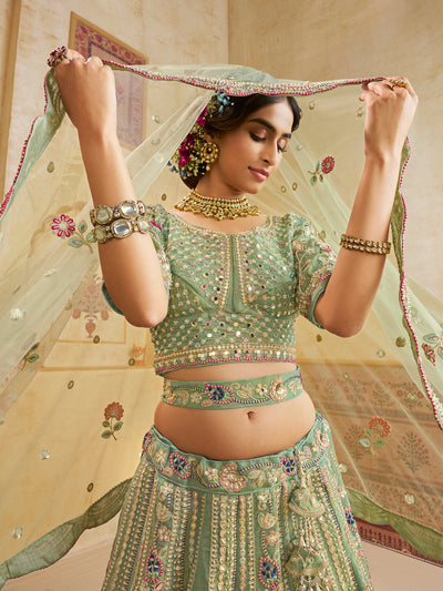 Rosegold Bridal Net Sequins, Moti, Mirror and thread embroidery Semi-Stitched Lehenga House of Panchhi