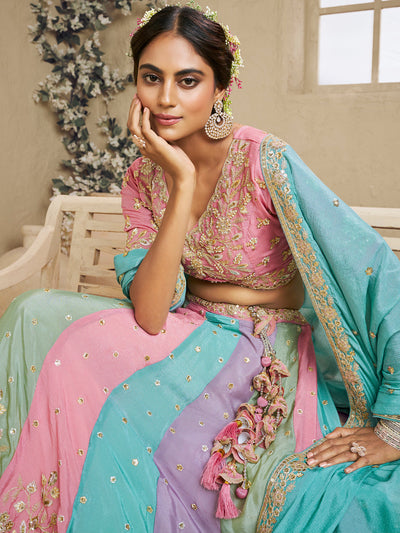 Multi Color Kali Georgette Fabric Golden Sequined,Thread,Coding Embroidered Semi-Stitched Lehenga choli House of Panchhi