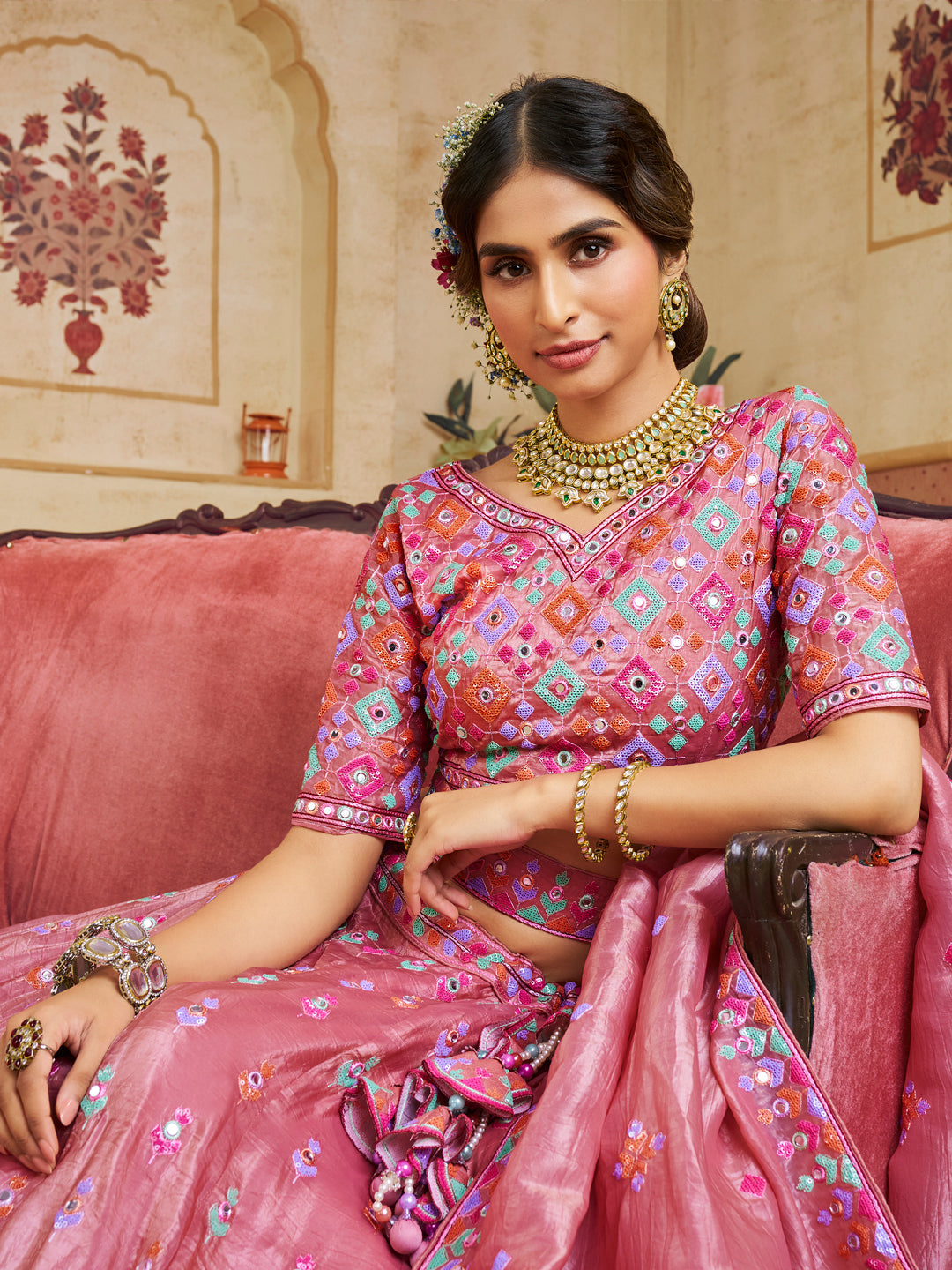 Organza Fabric Sequins embroidery Semi-Stitched Lehenga choli & Dupatta House of Panchhi