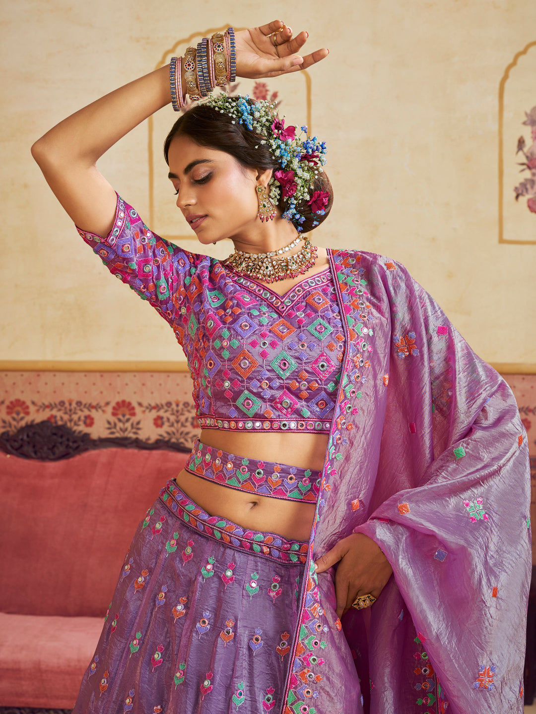Organza Fabric Sequins embroidery Semi-Stitched Lehenga choli & Dupatta House of Panchhi