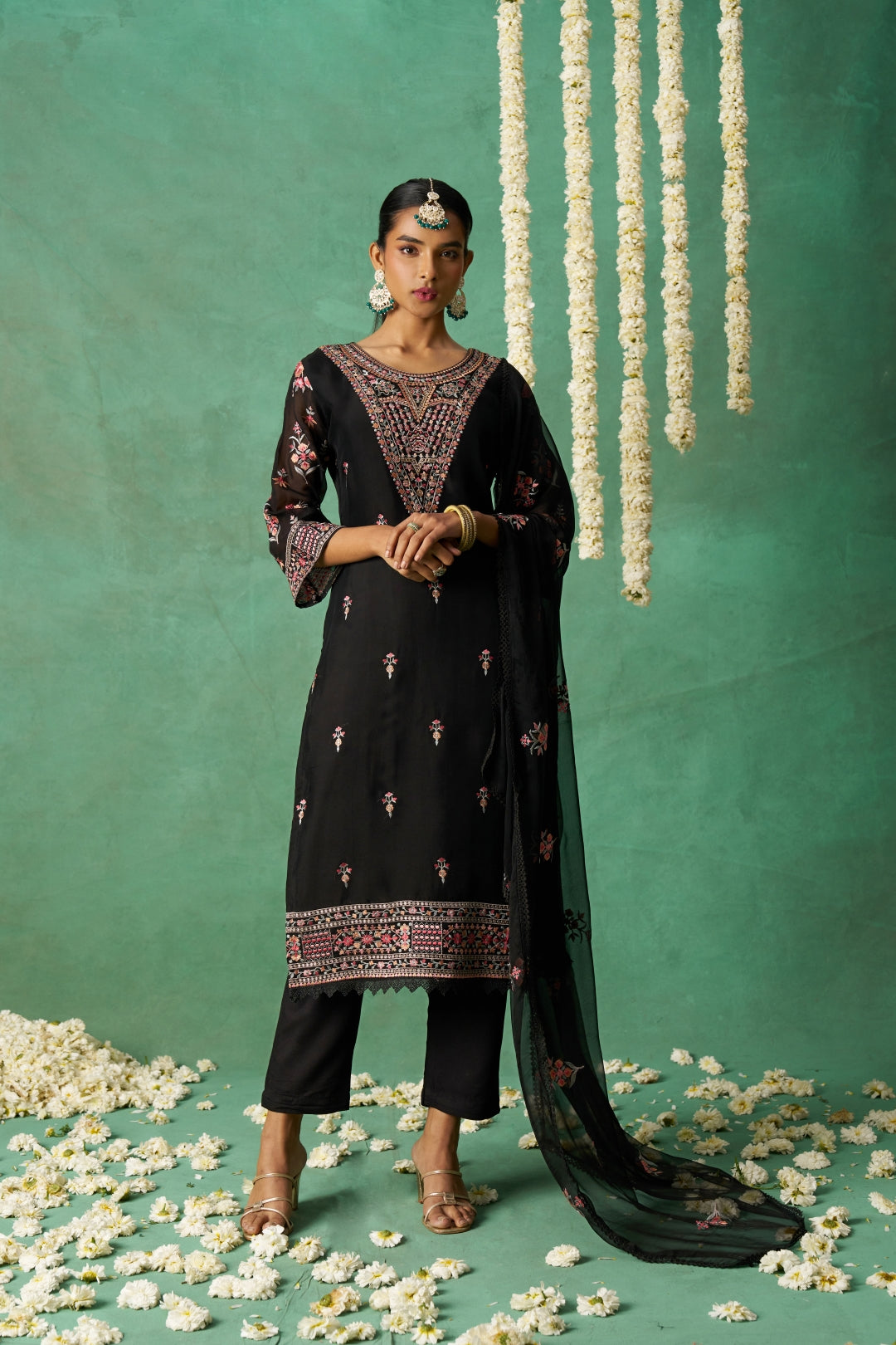 Shimmer Organza Fabric Sequins embroidery Semi-Stitched Straight Kurta Set- ROSE