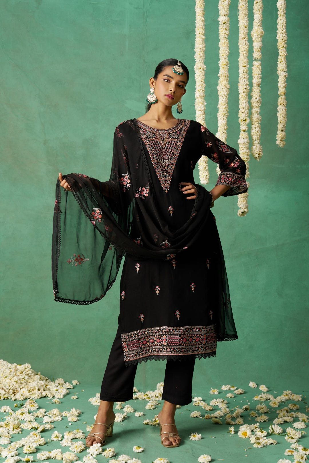 Shimmer Organza Fabric Sequins embroidery Semi-Stitched Straight Kurta Set- ROSE