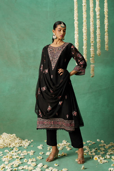 Shimmer Organza Fabric Sequins embroidery Semi-Stitched Straight Kurta Set- ROSE