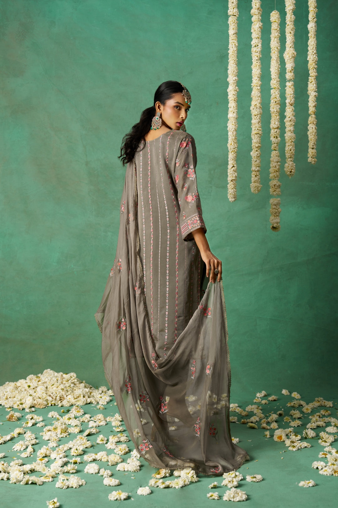 Shimmer Organza Fabric Sequins embroidery Semi-Stitched Straight Kurta Set- ROSE