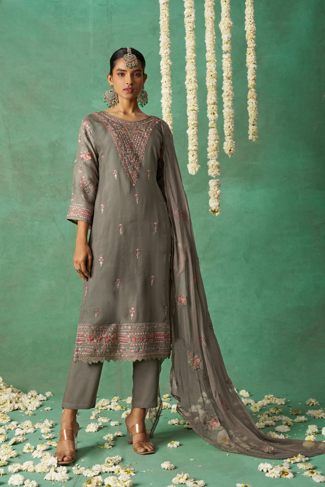 Shimmer Organza Fabric Sequins embroidery Semi-Stitched Straight Kurta Set- ROSE