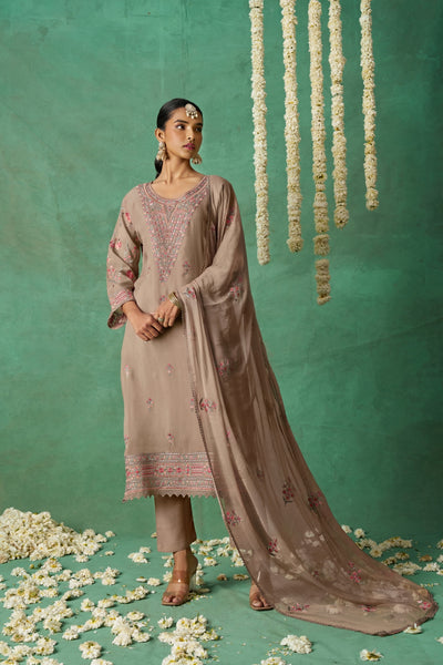 Shimmer Organza Fabric Sequins embroidery Semi-Stitched Straight Kurta Set- ROSE