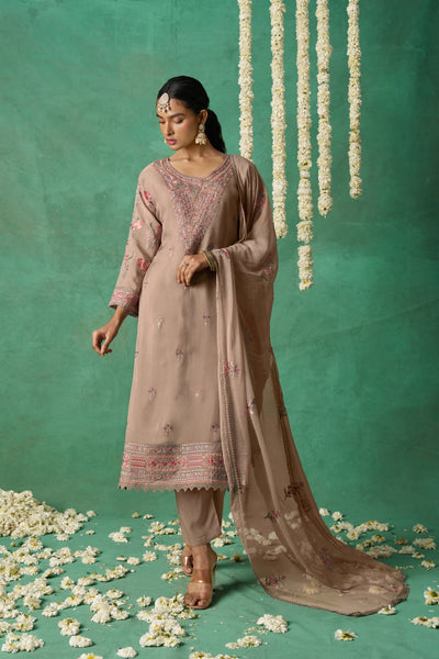 Shimmer Organza Fabric Sequins embroidery Semi-Stitched Straight Kurta Set- ROSE