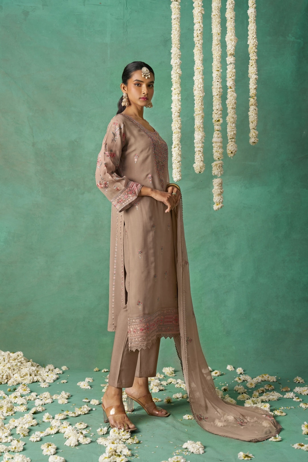 Shimmer Organza Fabric Sequins embroidery Semi-Stitched Straight Kurta Set- ROSE