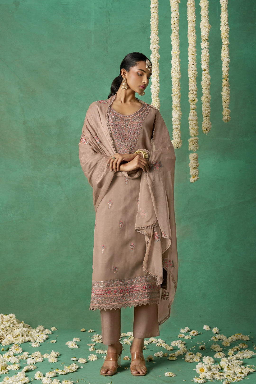 Shimmer Organza Fabric Sequins embroidery Semi-Stitched Straight Kurta Set- ROSE