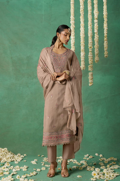 Shimmer Organza Fabric Sequins embroidery Semi-Stitched Straight Kurta Set- ROSE
