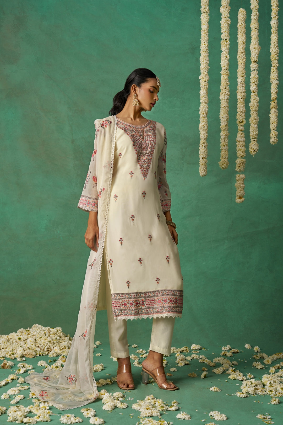 Shimmer Organza Fabric Sequins embroidery Semi-Stitched Straight Kurta Set- ROSE