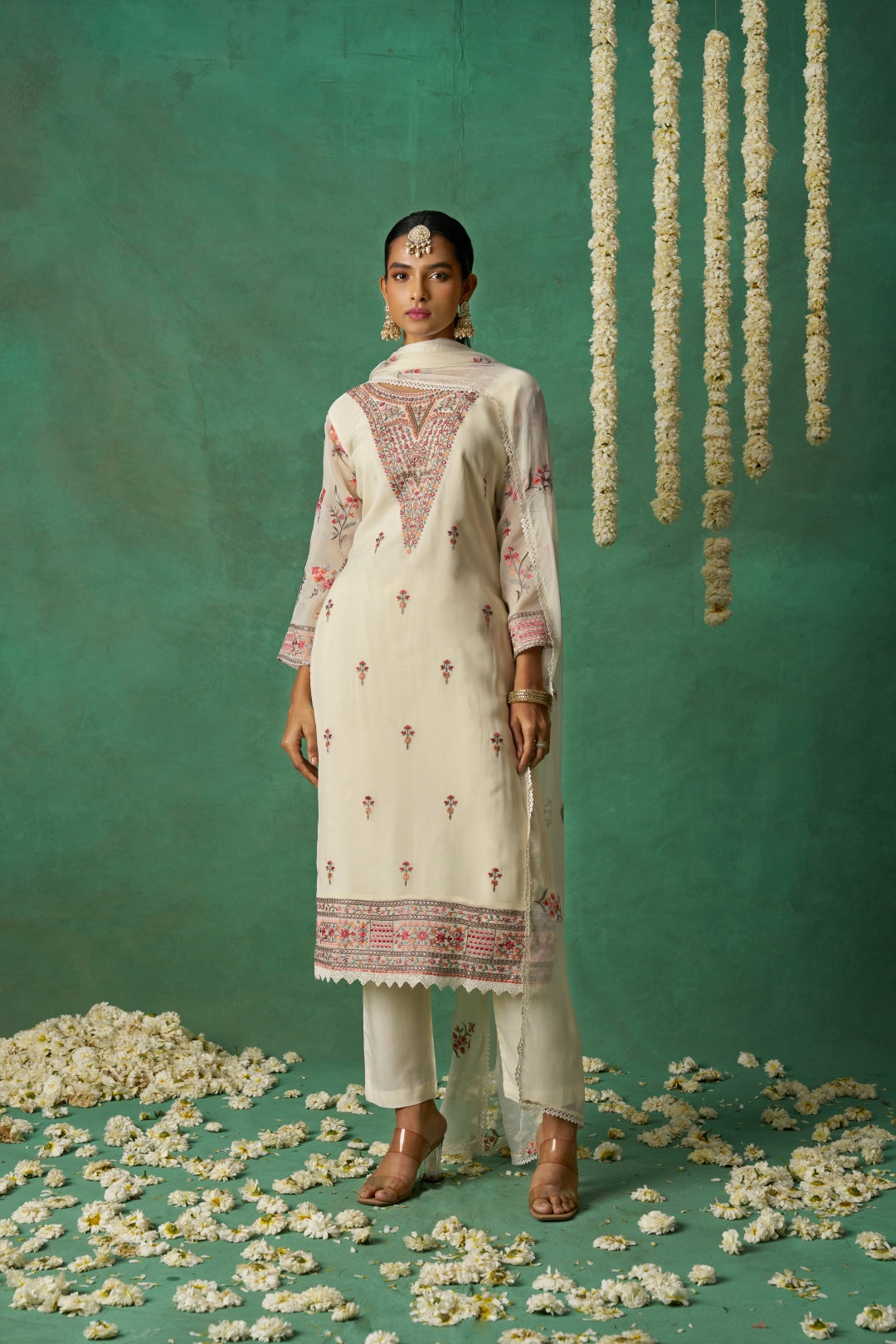 Shimmer Organza Fabric Sequins embroidery Semi-Stitched Straight Kurta Set- ROSE