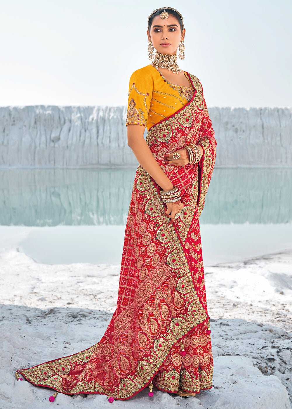 Red Color Pure Georgette Bandhani Patola Print Zari Woven Heavy Saree with Contrast Blouse