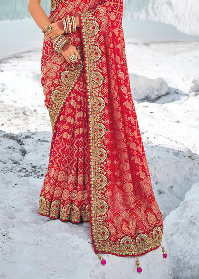 Red Color Pure Georgette Bandhani Patola Print Zari Woven Heavy Saree with Contrast Blouse