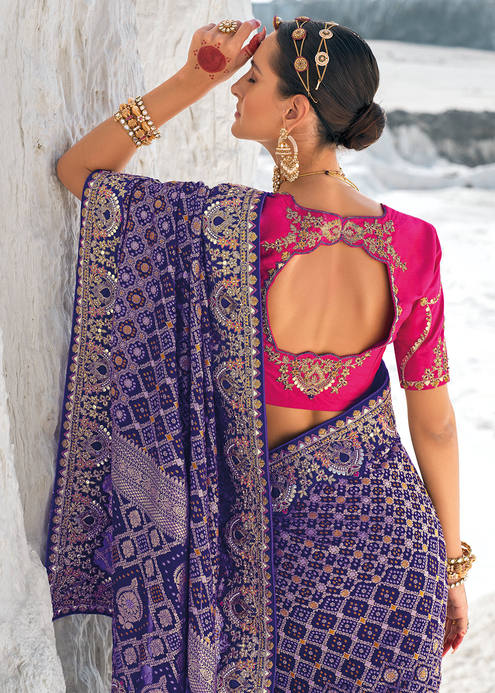 Violet Color Pure Georgette Bandhani Patola Print Zari Woven Heavy Saree with Contrast Blouse