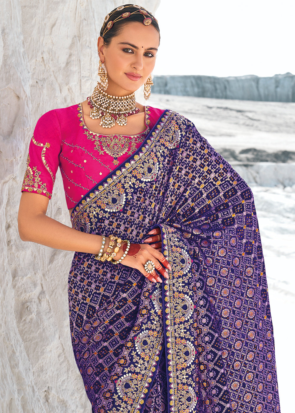 Violet Color Pure Georgette Bandhani Patola Print Zari Woven Heavy Saree with Contrast Blouse