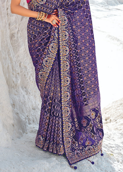 Violet Color Pure Georgette Bandhani Patola Print Zari Woven Heavy Saree with Contrast Blouse